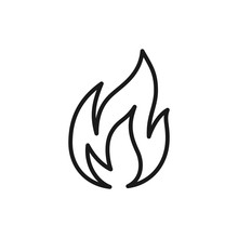 Black Isolated Outline Icon Of Flame, Fire On White Background. Line Icon Of Bonfire.