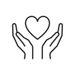 Black isolated outline icon of heart in hands on white background. Line icon of heart and hands. Symbol of care, love, charity.