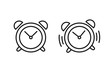 Black isolated outline icon of alarm clock and ringing alarm clock on white background. Set of line Icons of alarm clock.