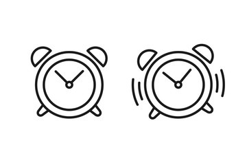 Wall Mural - Black isolated outline icon of alarm clock and ringing alarm clock on white background. Set of line Icons of alarm clock.