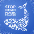 Stop ocean plastic pollution. Ecological poster. Whale composed of white plastic waste bag, bottle on blue background.