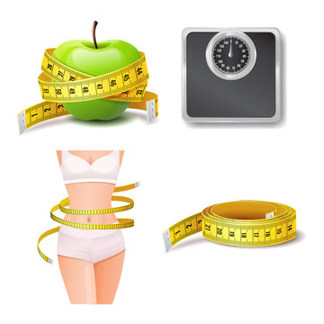 Set of realistic health and body care icon, diet and weight loss, green apple, yellow measure tape, slender woman body, vector illustration