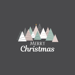 Grey Merry Christmas greeting card with creative Christmas trees.