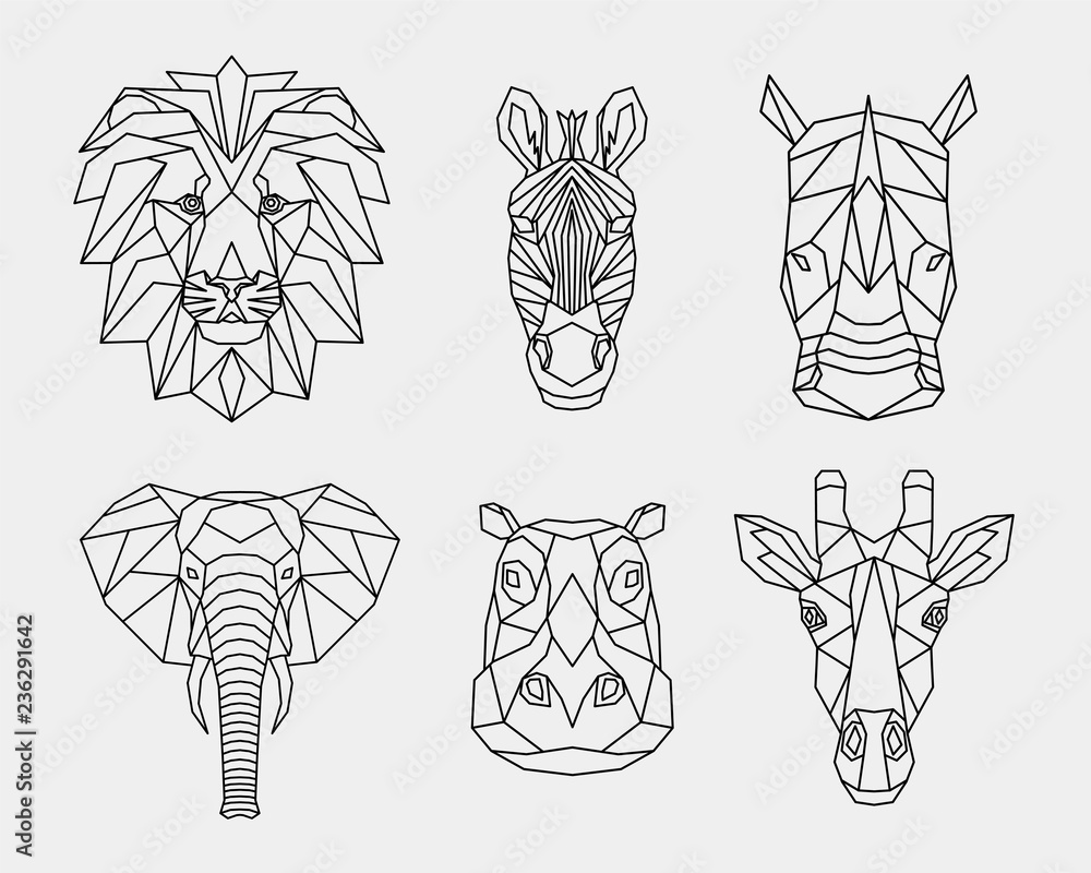 Stockvector Set of abstract polygonal animals of Africa. Linear ...