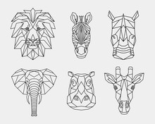 Set Of Abstract Polygonal Animals Of Africa. Linear Geometric Lion, Elephant, Zebra, Giraffe, Rhino, Hippopotamus. Vector Illustration.