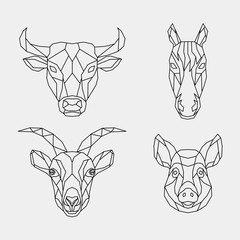 Wall Mural - Set of abstract polygon animals. Linear geometric bull, horse, goat, pig. Vector illustration.