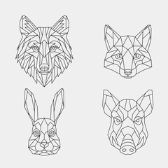 Wall Mural - Set of abstract polygon animals. Linear geometric wolf, Fox, rabbit, boar. Vector illustration.