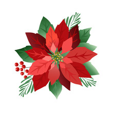 Christmas Poinsettia Flowers, Red Leaves. Cover, Invitation, Banner, Greeting Card. Vector Illustration.