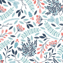 Winter Seamless Pattern With Holly Berries, Branches And Leaves. Vector
