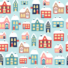 Winter Christmas Seamless Pattern With Houses. Vector