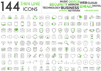 Wall Mural - Black and green business thin line icons set on white background