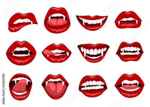 Fotografía Female red vampire lips with bite fangs