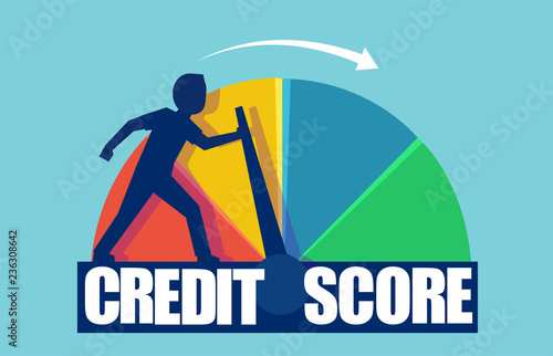 Fotomural Vector of a businessman pushing scale changing credit information from poor to good