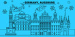 Germany, Augsburg winter holidays skyline. Merry Christmas, Happy New Year decorated banner with Santa Claus.Flat, outline vector.Germany, Augsburg linear christmas city illustration