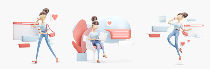 cartoon character sitting on a bubble talk. social media concept. Set of 3d illustrations