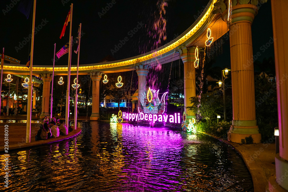 Lights signage for the celebration of Deepavali, festival of lights, in ...