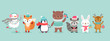 Christmas characters - animals, snowmen, Santa Claus.