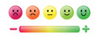 © Kristyna - Color emoticon. Set five faces smiley scale, smile, neutral and sad in red, orange and green isolated on white with scale bar rating and plus and minus sign. Customer satisfaction feedback concept