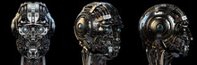 Robot Head Or Very Detailed Cyborg Face. Set Of Three Different Angles. Isolated On Black Background. 3D Render.