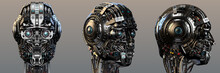Robot Head Or Very Detailed Cyborg Face. Set Of Three Different Angles. Isolated. 3D Render.