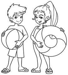 Full length line art illustration of two cute and happy children, boy and girl, smiling while wearing swimsuits and flip-flops, and holding beach ball and swim ring on white background.