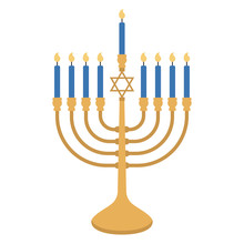 Menorah - Gold Menorah With Star Of David Design And Blue Candles For Hanukkah