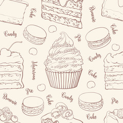 Cakes and cookies seamless pattern in outline sketch style - beautiful background with brown hand drawn outline bakery products. Tender texture with sweet desserts with fruits and berries.