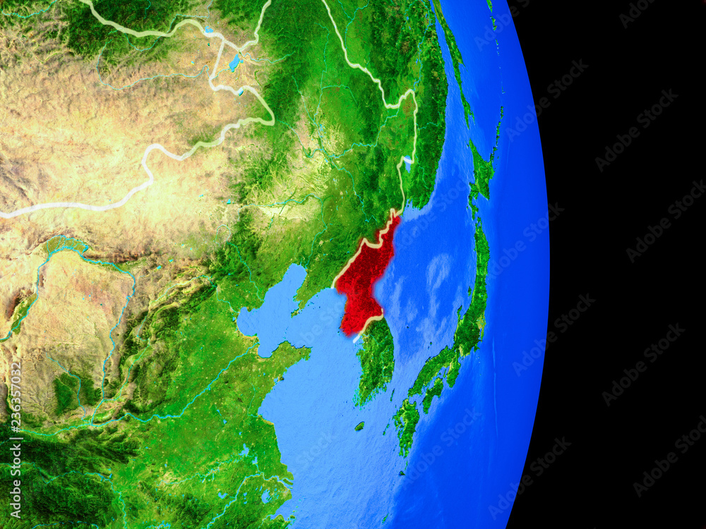 North Korea on realistic model of planet Earth with country borders and ...