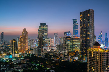  Bangkok City - Aerial view  beautiful sunset  Bangkok city tower downtown skyline of Thailand , cityscape at night  , landscape Bangkok Thailand