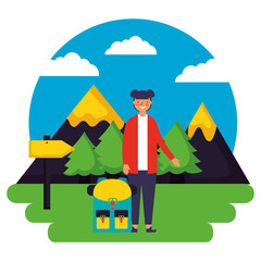 Sticker - girl and backpack signal mountains landscape camping