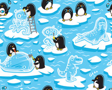 Seamless Pattern With Cartoon Penguins Create Ice Sculptures