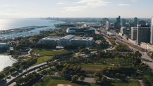 Drone Aerial Of Grant Park And Chicago Museums At Lake Front