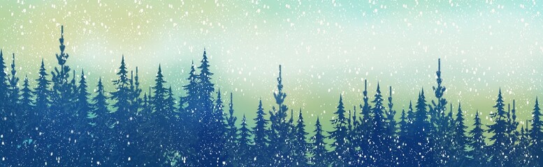 Canvas Print - winter wonderland magical pine forest with glowing lights, mist and mood, snowy, wintery woodland treeline in wide header banner illustration