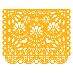 papel picado vector floral design with birds, mexican paper decorations template in yellow, traditio