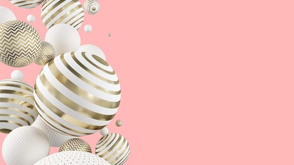 Wall Mural - flying white and golden spheres ona pink background. 3d illustration.