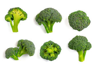 Green broccoli pattern food. Isolated vegetable on white background. Top view