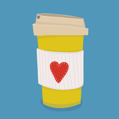 Yellow coffee cup with heart. Hand drawn vector illustration