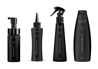 Wall Mural - Set of black cosmetic bottles for hair care products: shampoo, gel, soap and other liquids. Dispenser pump, dropper, pistol spray containers. 3d vector mockup packaging design.