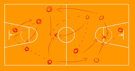 Basketball sport field plan with game strategy red scheme on white