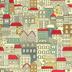  Color sketch of the panorama of the city. Vintage cute houses. Drawing by hand. Vector illustration. Seamless pattern.