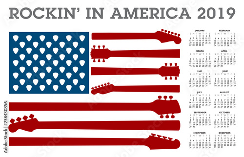 Fototapeta Gitara  kolysanie-w-ameryce-kalendarz-na-rok-2019-z-amerykanska-flaga-wykonana-z-gryfow-i-kostek-gitarowych