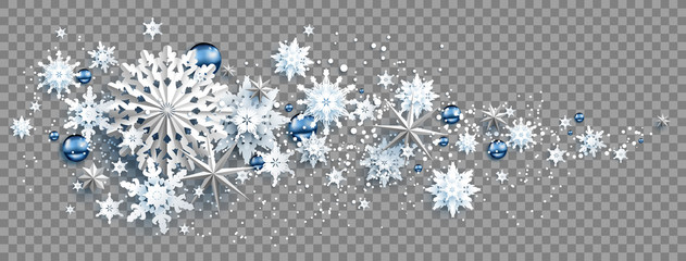 Fotobehang - Facebook Web Banner Social Media template. Winter decoration with snowflakes, stars and balls on transparent background