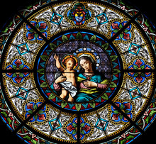Virgin Mary With Baby Jesus, Stained Glass Window In The Cathedral Of Saint Lawrence In Lugano, Switzerland