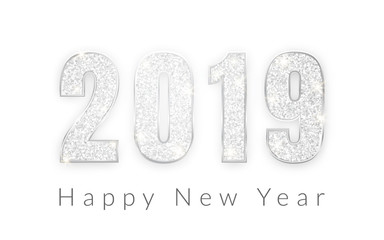 Wall Mural - Happy New Year 2019, silver numbers design of greeting card, Vector illustration