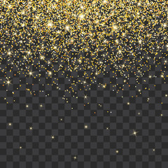 Wall Mural - Golden glitter sparkle on a transparent background. Gold Vibrant background with twinkle lights. Vector illustration