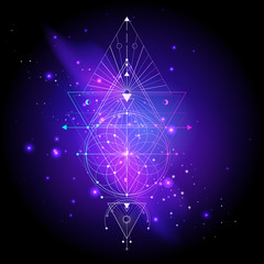 Wall Mural - Vector illustration of Sacred or mystic symbol on abstract background. Geometric sign drawn in lines. Multicolored. For you design and magic craft.
