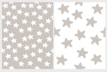 Cute Stars Vector Patterns. Irregular Hand Drawn Simple Graphic. White Simple Stars Isolated On A Beige. Infantile Style Design. White And Gray Color Starry Vector Print.
