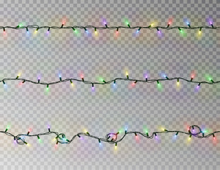 Wall Mural - Christmas lights string seamless vector. Transparent color effect decoration isolated. Realistic Chr