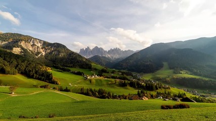 Wall Mural - Time lapse of Santa Maddalena village with majestic Dolomite mountains in background, Val di Funes valley, Trentino Alto Adige region, Italy, Europe.