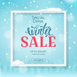 Vector winter sale banner with text, frame, snow and forest of fir trees on blue background with effect bokeh. Template with snowfall and lettering for design of season flyers with discount offers.